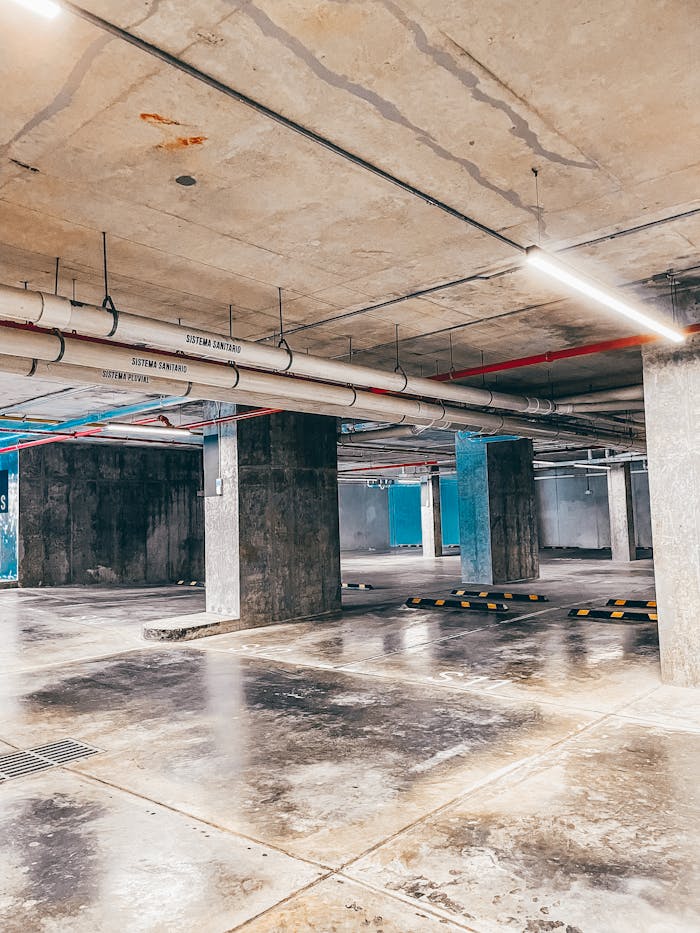 Spacious underground parking garage with concrete pillars and bright lighting.